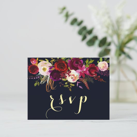 Navy Bourgondië Marsala Rustieke Boho bruiloft RSV Uitnodiging Briefkaart (Staand voorkant)