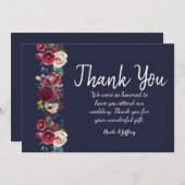 Navy Bourgondië Merlot bloemenbruiloft dank u kaar Bedankkaart (Voorkant / Achterkant)