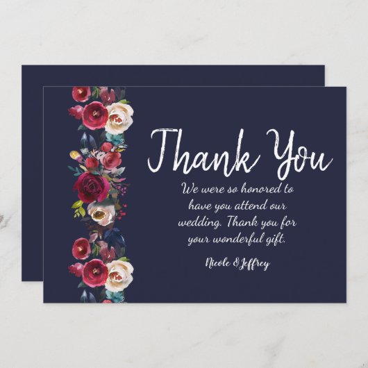 Navy Bourgondië Merlot bloemenbruiloft dank u kaar Bedankkaart (Voorkant / Achterkant)