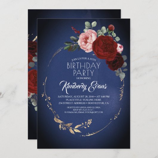 Navy Bourgondië Rood en Goud Bloemen Modern Verjaa Kaart (Voorkant / Achterkant)