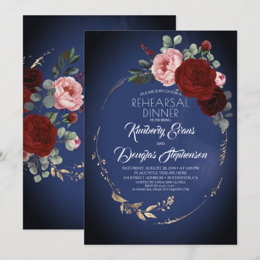 Navy Bourgondië Rood Goud Bloemendiner Kaart (Voorkant / Achterkant)