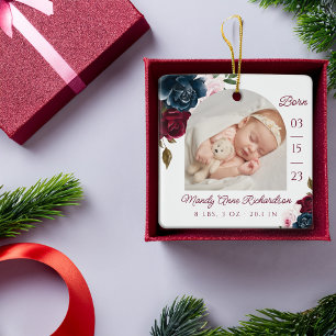 Navy Bourgondië Roze Bloemen Baby Geboorte Statist Keramisch Ornament