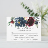 Navy Bourgondië Roze Bloemen Bruiloft Maaltijd Keu RSVP Kaartje (Staand voorkant)
