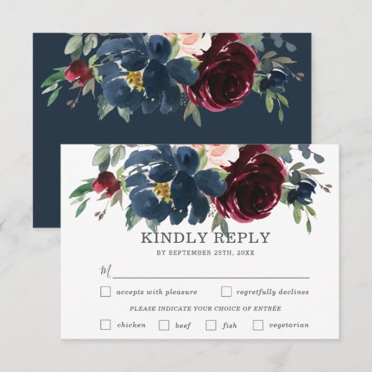 Navy Bourgondië Roze Bloemen Bruiloft Maaltijd Keu RSVP Kaartje (Voorkant / Achterkant)