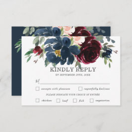 Navy Bourgondië Roze Bloemen Bruiloft Maaltijd Keu RSVP Kaartje