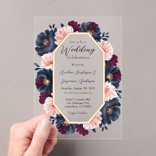 Navy Bourgondië Roze Pioenhout Huwelijksfeest Acryl Uitnodigingen (Insitu (Draagbaar))