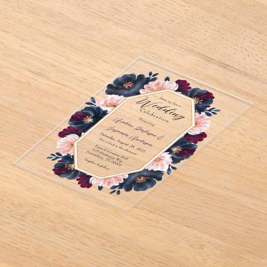 Navy Bourgondië Roze Pioenhout Huwelijksfeest Acryl Uitnodigingen (Laagn)