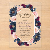 Navy Bourgondië Roze Pioenhout Huwelijksfeest Acryl Uitnodigingen (Voorkant)