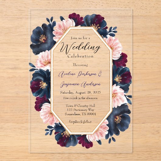 Navy Bourgondië Roze Pioenhout Huwelijksfeest Acryl Uitnodigingen (Voorkant)