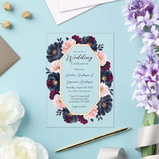 Navy Bourgondië Roze Pioenhout Huwelijksfeest Acryl Uitnodigingen (Insitu (Huwelijk))
