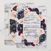 Navy Bourgondië Roze Pioenhout Huwelijksfeest Kaart (Voorkant / Achterkant)