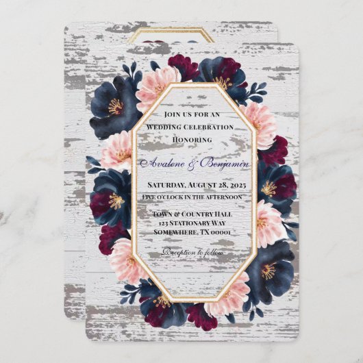 Navy Bourgondië Roze Pioenhout Huwelijksfeest Kaart (Voorkant / Achterkant)