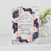 Navy Bourgondië Roze Pioenhout Huwelijksfeest Kaart (Staand voorkant)