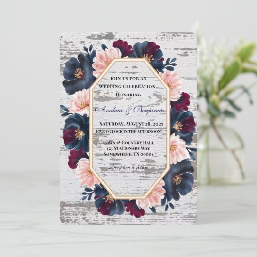 Navy Bourgondië Roze Pioenhout Huwelijksfeest Kaart (Staand voorkant)