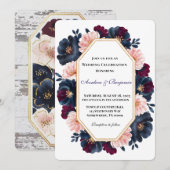 Navy Bourgondië Roze Pioenhout Huwelijksfeest Kaart (Voorkant / Achterkant)