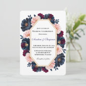 Navy Bourgondië Roze Pioenhout Huwelijksfeest Kaart (Staand voorkant)