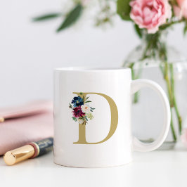 Navy Bourgondië Waterverf Bloemige Monogram Koffiemok