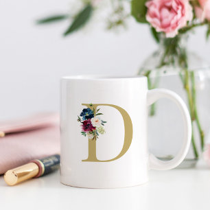 Navy Bourgondië Waterverf Bloemige Monogram Koffiemok
