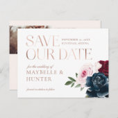 Navy Bourgondië Waterverf Foto Save Our Date Aankondigingskaart (Voorkant / Achterkant)