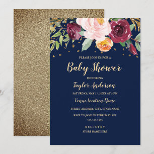 Navy Bourgondische Bloem Glitter Baby Shower Kaart