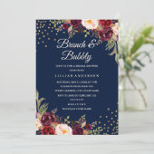 Navy Bourgondische Bloemen Confetti Brunch en Bubb Kaart (Staand voorkant)