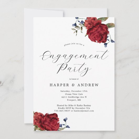 Navy Bourgondische Bloemen Verlovingsfeest Uitnodi Kaart (Voorkant)