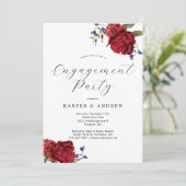 Navy Bourgondische Bloemen Verlovingsfeest Uitnodi Kaart (Staand voorkant)