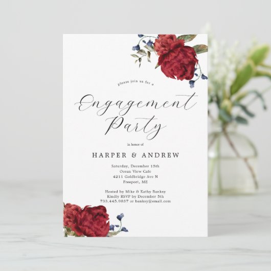 Navy Bourgondische Bloemen Verlovingsfeest Uitnodi Kaart (Staand voorkant)