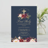Navy Bourgondische Cross Boys Eerste Communie Kaart (Staand voorkant)