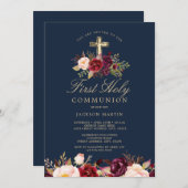 Navy Bourgondische Cross Boys Eerste Communie Kaart (Voorkant / Achterkant)