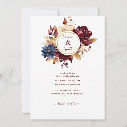 Navy Bourgondische herfst bruiloft Kaart (Voorkant)