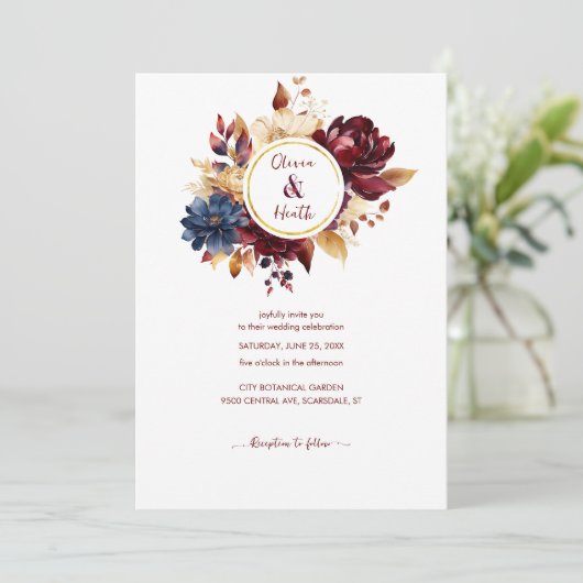 Navy Bourgondische herfst bruiloft Kaart (Staand voorkant)