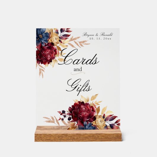 Navy Bourgondische herfst Waterverf Floral Acryl Bord (Voorkant)