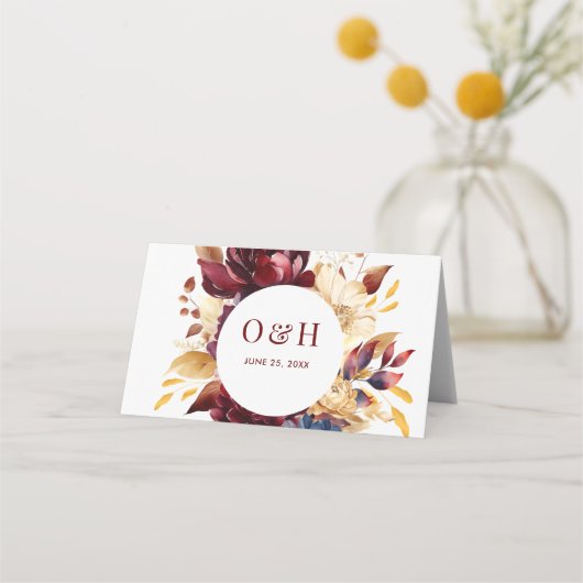 Navy Bourgondische herfst Waterverf Floral Plaatskaartje (Achterkant)