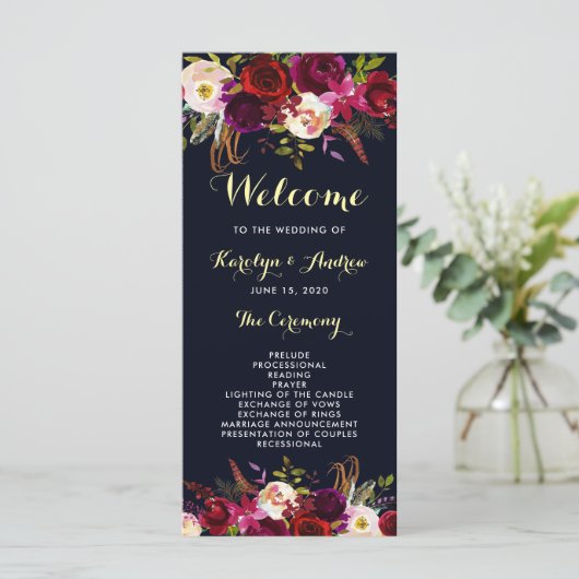 Navy Bourgondische Marsala Boho Bloemen Huwelijksp Programmakaart (Staand voorkant)