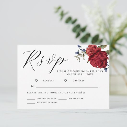 Navy Bourgondische Waterverf Bloemenbruiloft RSVP  (Staand voorkant)