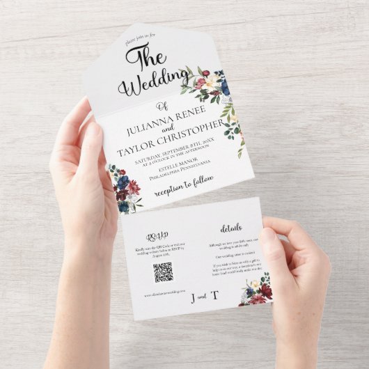 Navy & Bourgondische Waterverf Floral All In One Uitnodiging (Afscheurbaar)