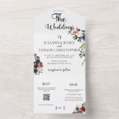 Navy & Bourgondische Waterverf Floral All In One Uitnodiging (Binnen)