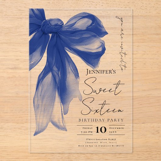 Navy Bow Coquette Script Sweet 16 Party Acryl Uitnodigingen (Voorkant)