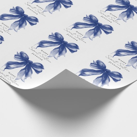 Navy Bow Coquette Script Sweet 16 Party Cadeaupapier (Hoek)