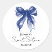 Navy Bow Coquette Script Sweet 16 Party  Ronde Sticker (Voorkant)