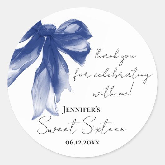 Navy Bow Coquette Script Sweet 16 Thank You  Ronde Sticker (Voorkant)