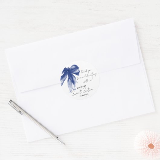 Navy Bow Coquette Script Sweet 16 Thank You Ronde Sticker (Envelop)