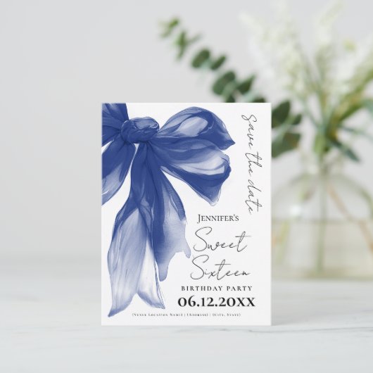 Navy Bow Coquette Sweet 16 Save the Date Briefkaart (Staand voorkant)