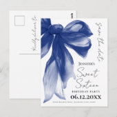 Navy Bow Coquette Sweet 16 Save the Date Briefkaart (Voorkant / Achterkant)