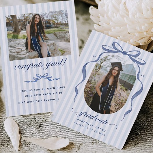 Navy Bow Graduation Open House Party Invitation Kaart