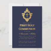 Navy Boy Eerste Communie Faux Gold Cross in Crest Kaart (Voorkant)