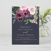NAVY BRIGHT BLUSH BURGUNDY FLORAL BUNCH WEDING KAART (Staand voorkant)