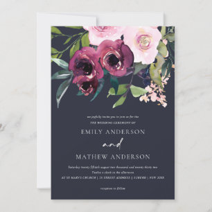 NAVY BRIGHT BLUSH BURGUNDY FLORAL BUNCH WEDING KAART