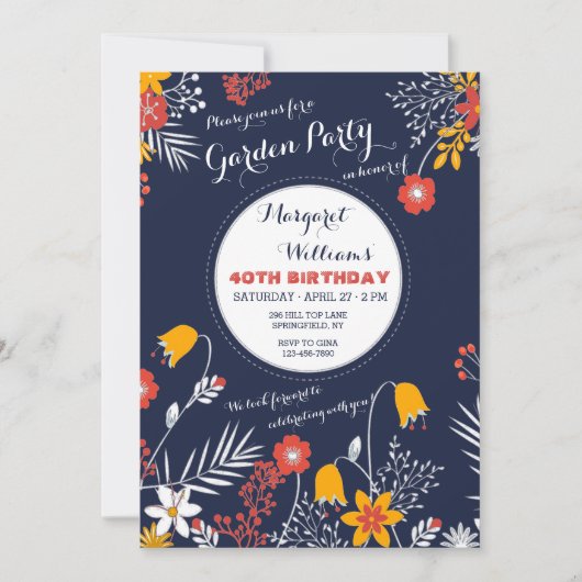 Navy Bright-oyed Flowers Invitation Kaart (Voorkant)